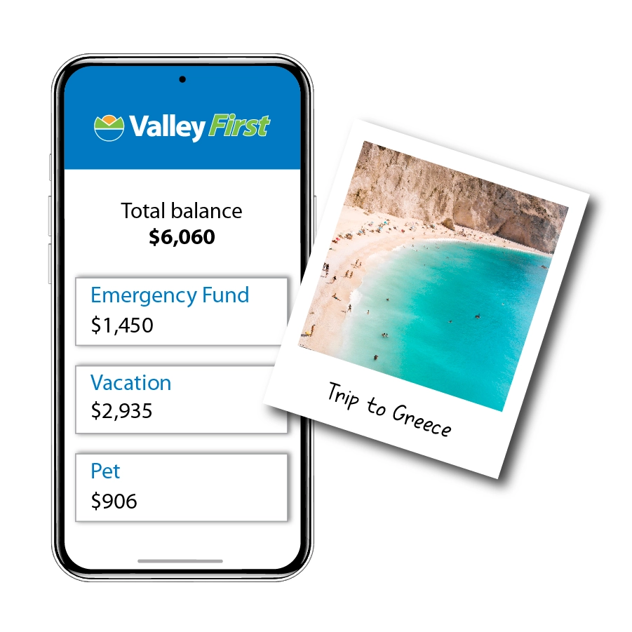 image of banking app and a photo of a beach