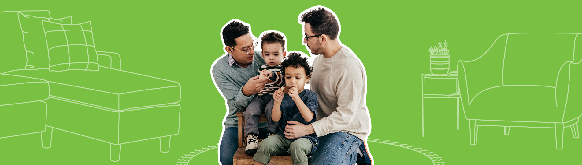 two young fathers playing with their two children